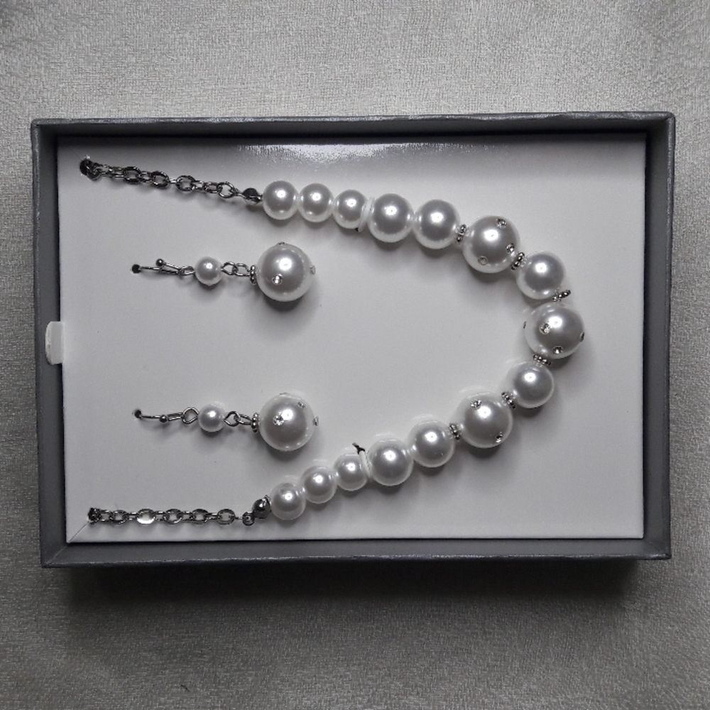 Iridescence Faux Pearl Neclace Earings Set Women's Silver Tone Fashion …